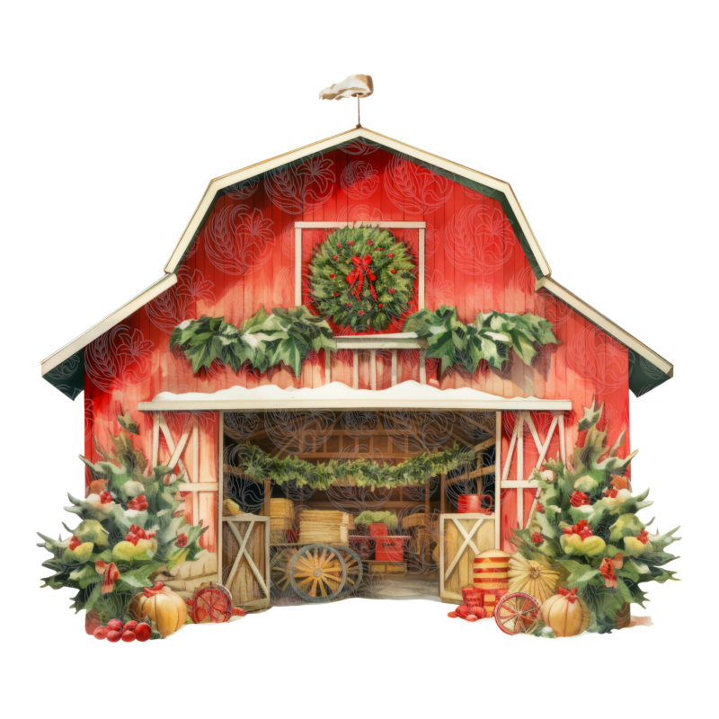 Christmas barn with wreath garland pine trees pumpkins and wagon wheel decorations, Grey Barn Handwerk, Saskatchewan.